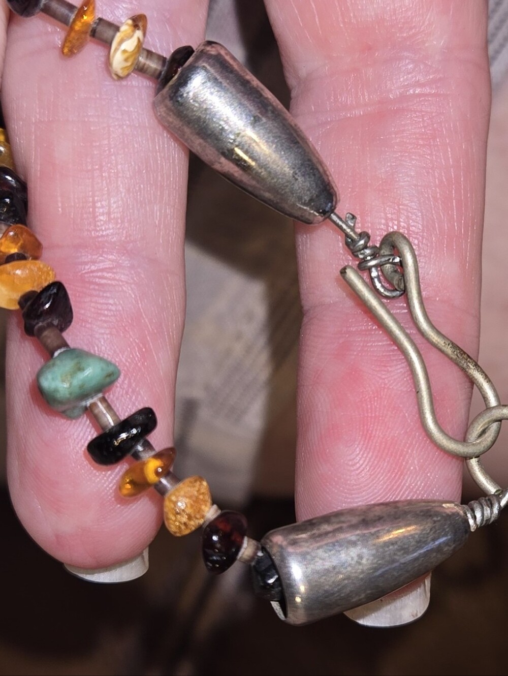 Turquoise Heart Pendant Necklace Sterling Silver with Amber Bead Accents 26 inch - Picture 7 of 7